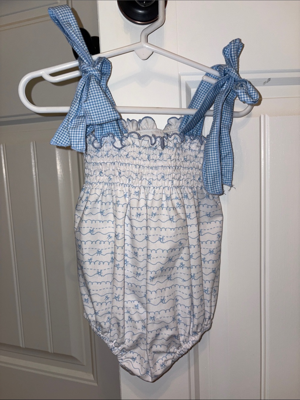 Smocked Bubble Romper - Blue & White Gingham Tie Straps